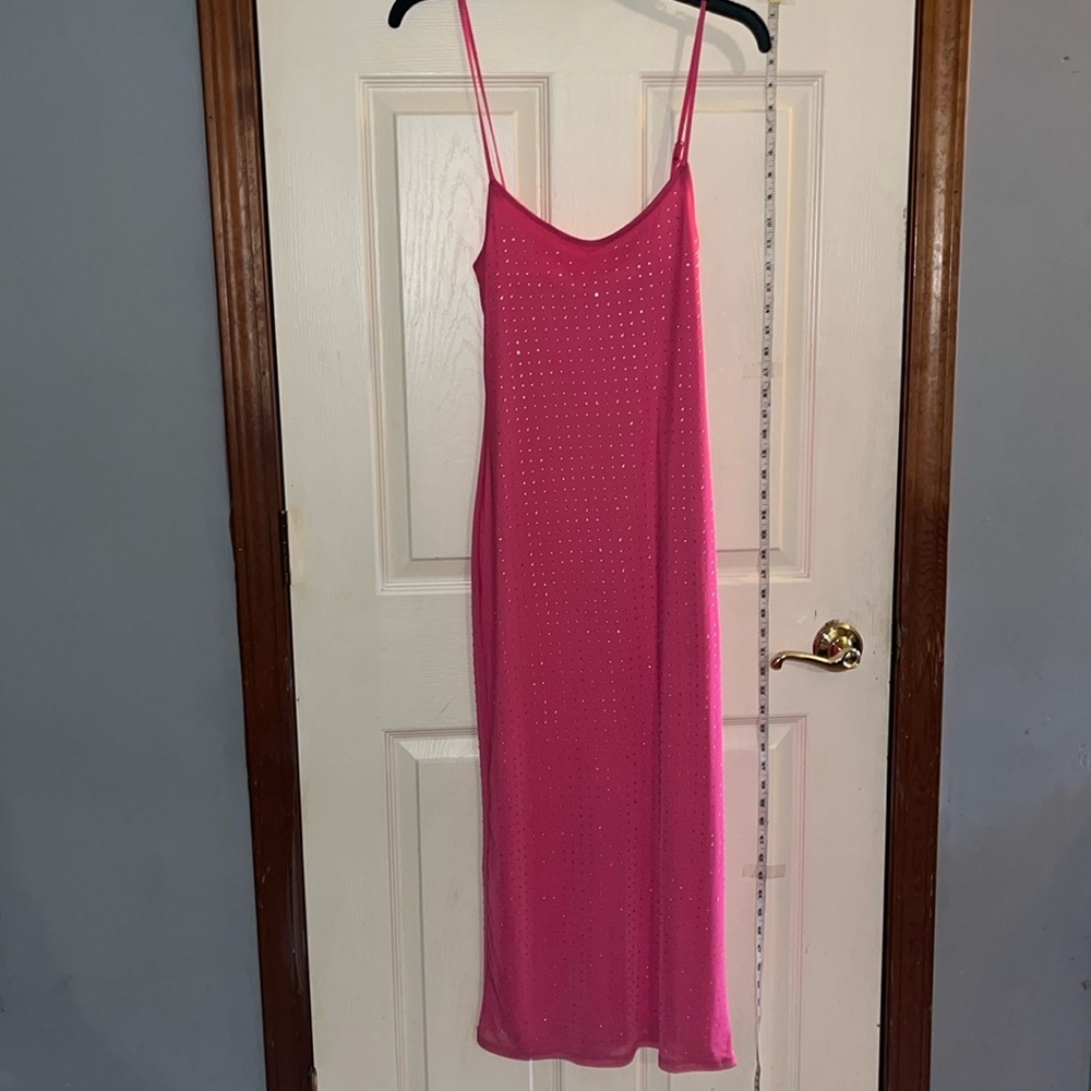 NWT-no comment-S-hot pink-mesh, lined, rhinestones, spaghetti straps, maxi dress
